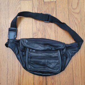 Black Leather Waist Fanny Pack Bum Bag Multiple Zipper Pockets Adjustable Strap